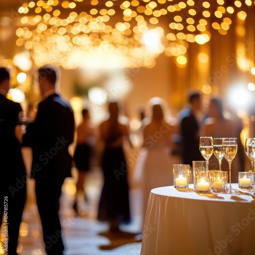 Guests attend a glittering evening event in an elegantly designed venue, adorned with sparkling decor and sophisticated lighting, creating a festive and glamorous vibe. photo