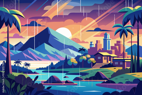  eye catching image, such as a scenic landscape with monsoon rain or an urban view with rain effects , design must be solid color