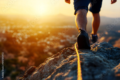 Person walking on rocky cliff during sunset, beautiful landscape view.