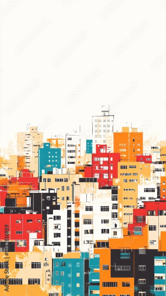 A colorful sketch of a city skyline with buildings of different heights and shapes.
