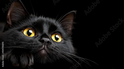 A black cat with striking yellow eyes stares with curiosity and intensity, creating a sense of mystery and allure against a dark background, captivating the viewer.