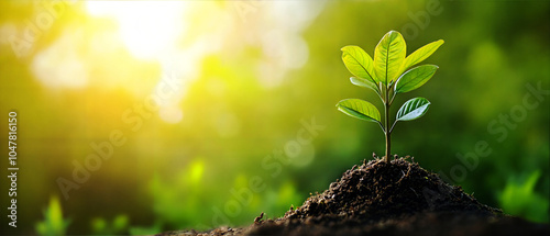 Small green plant growing in soil, illuminated by sunlight, nature background.
