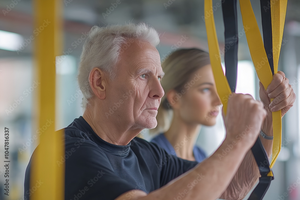 Obraz premium A trainer is teaching proper exercise to an old man who uses the fitness center during his free time after retirement.