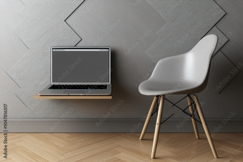 Fototapeta premium A white chair with wooden legs stands next to a laptop on a shelf against a grey textured wall.