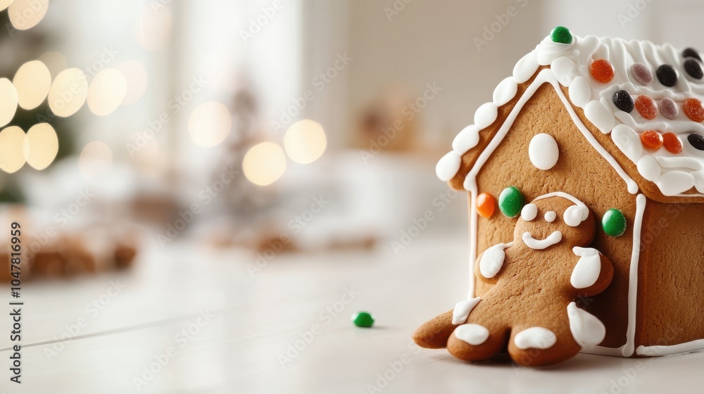 A gingerbread house with colorful candy accents and a smiling gingerbread figure attached, creating a lively and joyful holiday scene full of sweet charm. A gingerbread house with colorful candy accents and a smiling gingerbread figure attached, creating a lively and joyful holiday scene full of sweet charm.