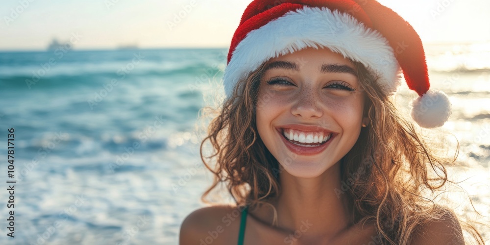 Obraz premium Young woman wearing a Santa hat and swimsuit smiles joyfully by the sea during the holiday season