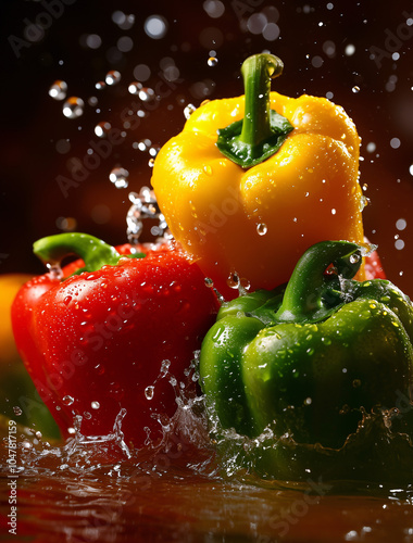 fresh red, yellow, and green, bell peppers.