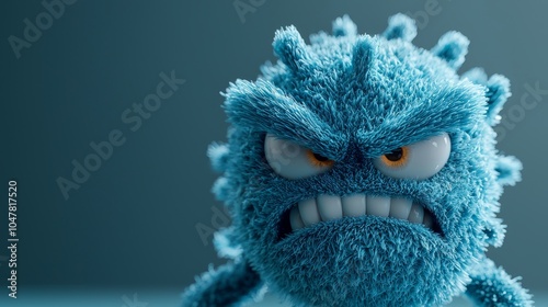 Cute yet angry blue microbe character, close-up on its humorous face, isolated on a plain background, perfect for playful branding and advertisement use