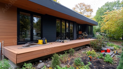 A sleek modern house showcasing an extended wooden deck adorned with various tools, set within dense greenery highlights, offering a blend of comfort and nature. photo