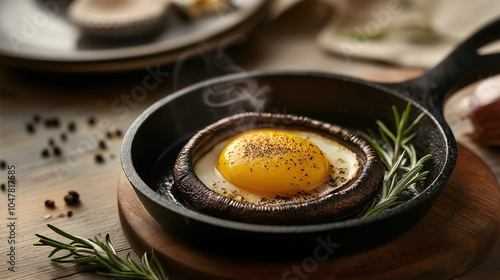 egg over sauteed shiitake mushroom  in a pan