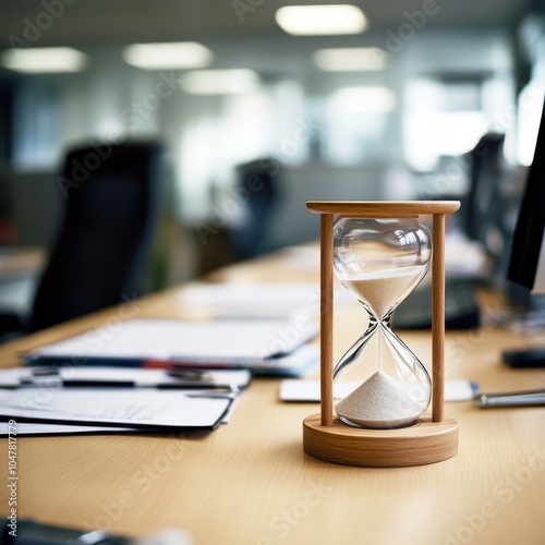 A minimal and sleek hourglass rests on a tidy desk, prominently capturing the essence of time management in a contemporary workspace environment. photo