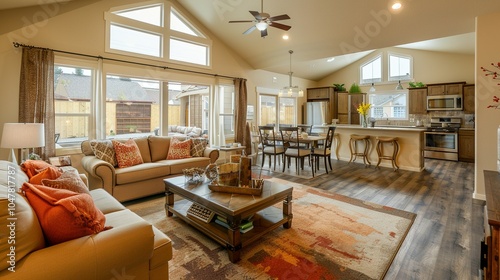 Modern Living Room with Open Kitchen and Vaulted Ceilings photo