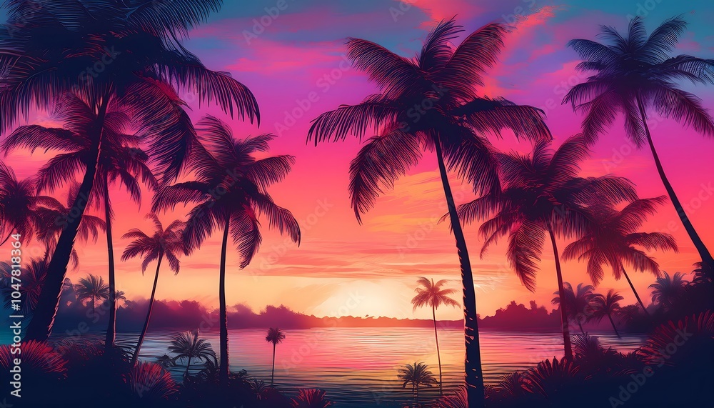 Colorful sunset with palm trees silhouetted on the horizon in a tropical landscape. Generative AI Colorful sunset with palm trees silhouetted on the horizon in a tropical landscape. Generative AI