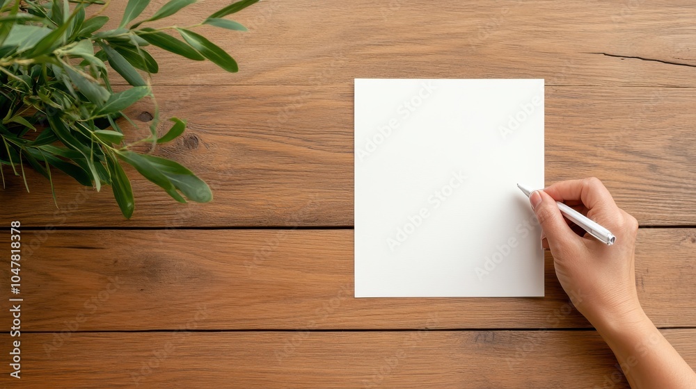 A left hand is seen ready to write on a blank sheet on a clean, wooden table, with a plant adding a touch of nature to the modern composition. A left hand is seen ready to write on a blank sheet on a clean, wooden table, with a plant adding a touch of nature to the modern composition.