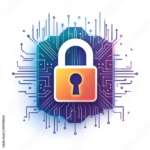 Vector illustration of digital security, a lock symbol with a circuit board pattern in the background on a white background