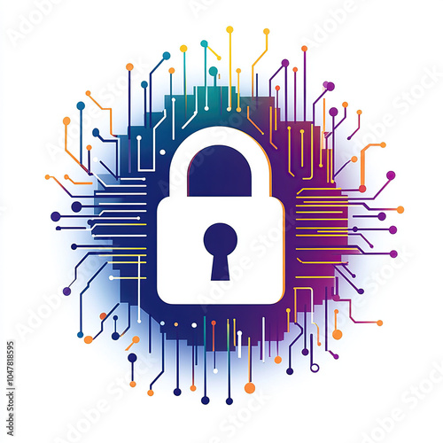 Vector illustration of digital security, a lock symbol with a circuit board pattern in the background on a white background