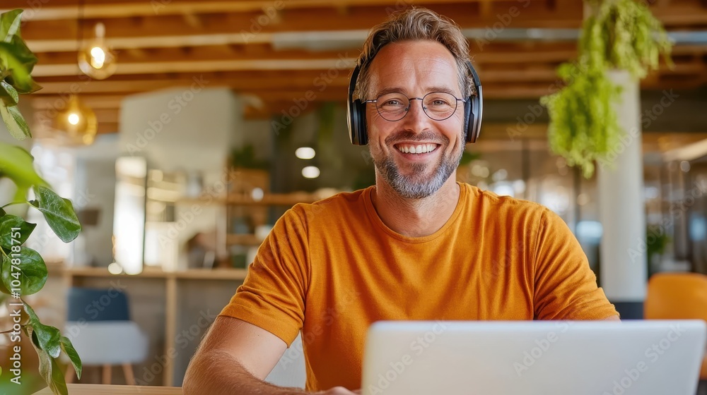 A middle-aged man in an orange sweater, wearing headphones, works on a laptop in a plant-filled cafe, exuding a sense of calm and productivity.