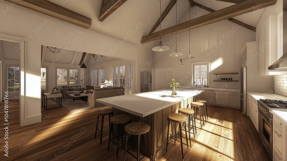 Fototapeta premium Modern Open Kitchen with Rustic Elements and Natural Light