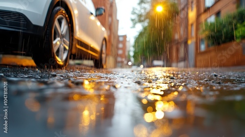 A striking image of a wet street with a white car in focus, surrounded by reflected street lights and buildings, capturing the reflective glow of urban evenings.