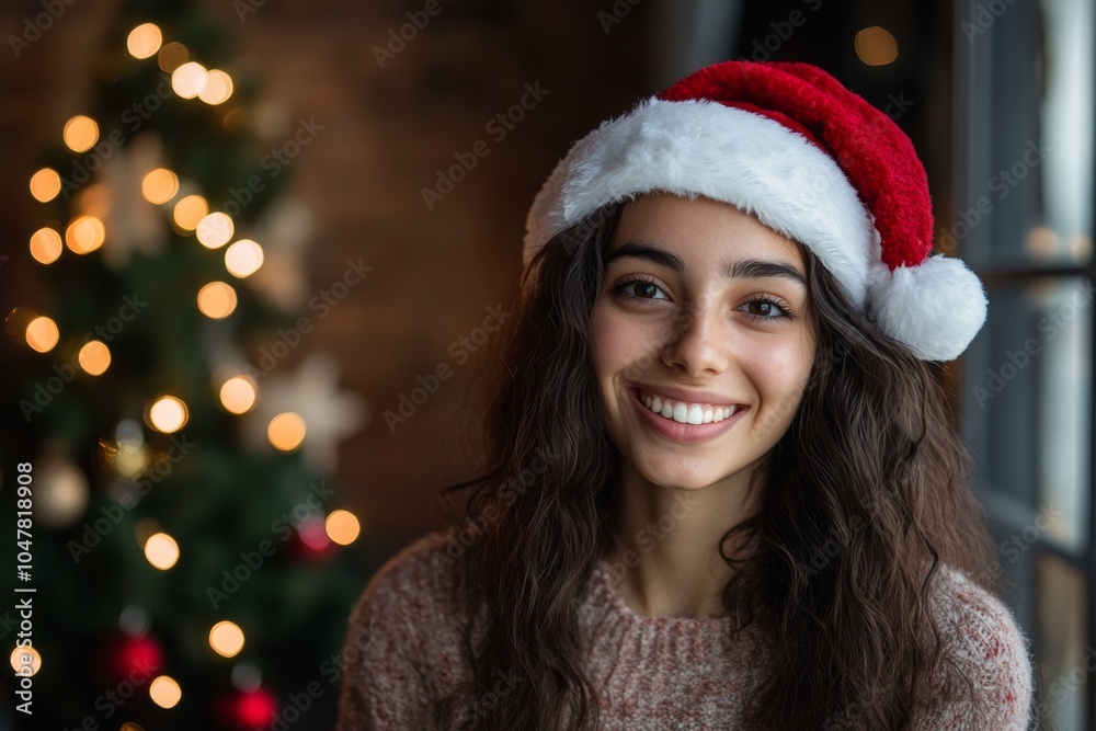 Joyful young woman with a Santa hat smiling near a decorated Christmas tree during the holiday season Joyful young woman with a Santa hat smiling near a decorated Christmas tree during the holiday season