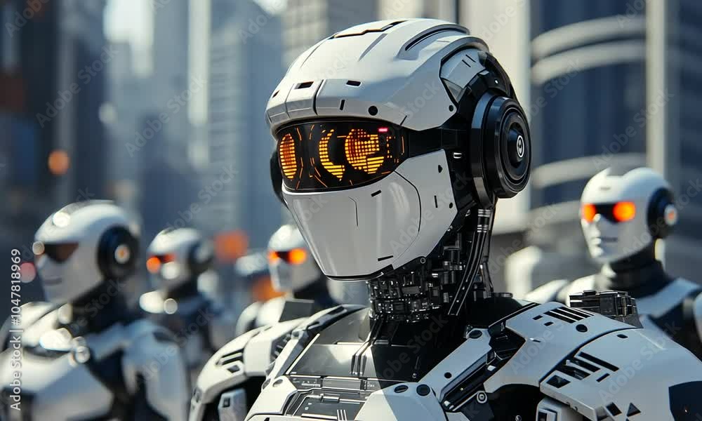 A futuristic robot stands prominently in a cityscape, showcasing advanced technology and design. A futuristic robot stands prominently in a cityscape, showcasing advanced technology and design.