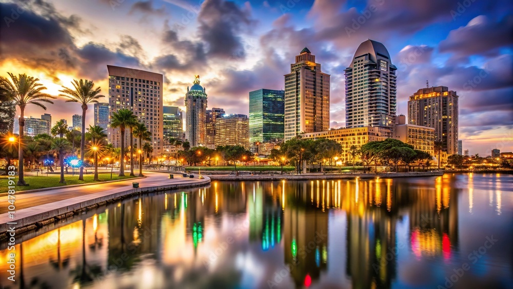 Fototapeta premium Symmetrical historic downtown at night in San Diego California