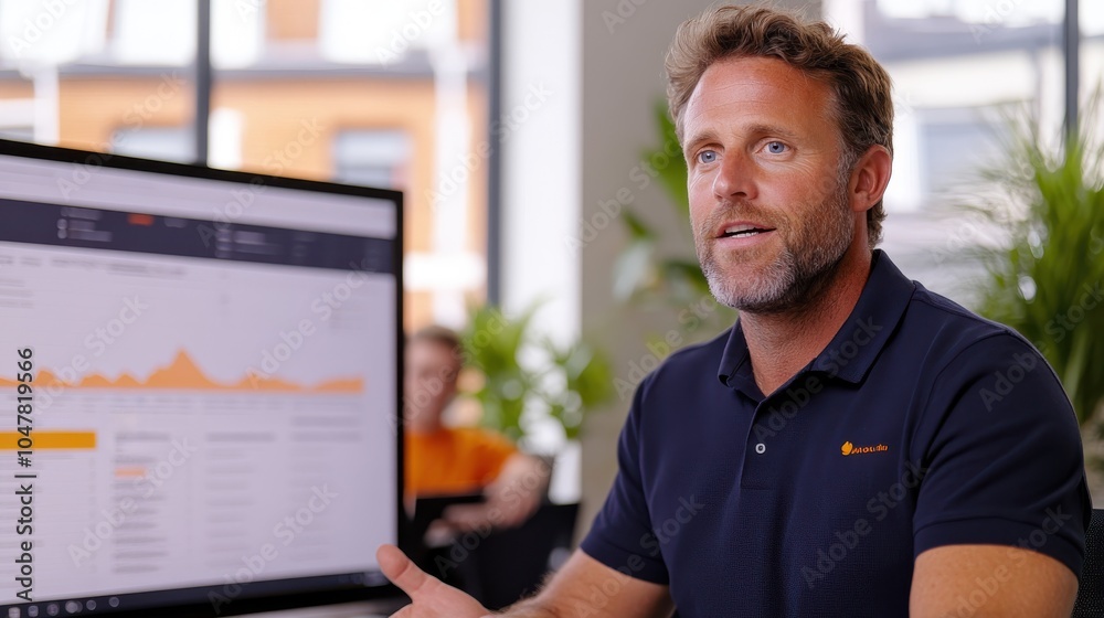 Fototapeta premium A confident business professional presenting data insights on a large computer monitor, dressed casually, amidst a collaborative office setting, fostering open communication.