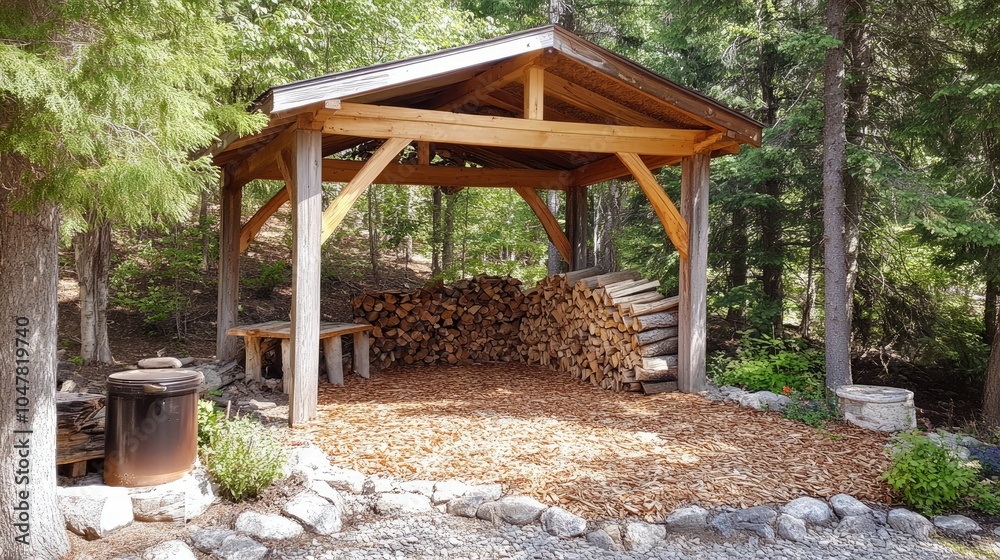 Rustic Wood Storage Shelter in Green Forest Rustic Wood Storage Shelter in Green Forest