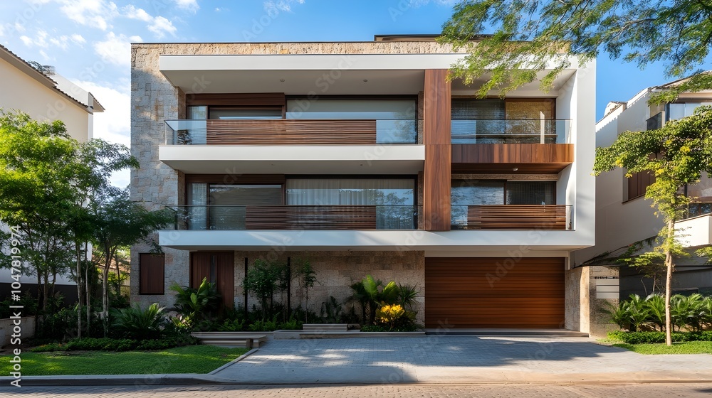 The facade of a contemporary, minimalist, multi-family residential structure in the Brazilian architectural style. The facade of a contemporary, minimalist, multi-family residential structure in the Brazilian architectural style.