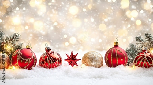 Festive Ornaments on Snowy Background with Lights