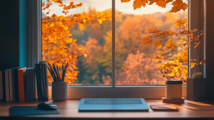 zoom background, casual office with window with a fall, autumn view.