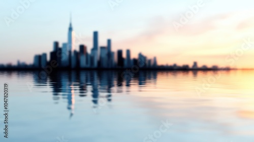 A beautifully softened silhouette of a city's skyline during sunset, with gentle reflections on the water's surface and a warm, pastel sky above.