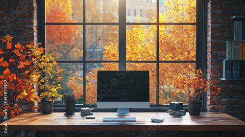Fototapeta Naklejka Na Ścianę i Meble -  zoom background, casual office with window with a fall, autumn view.