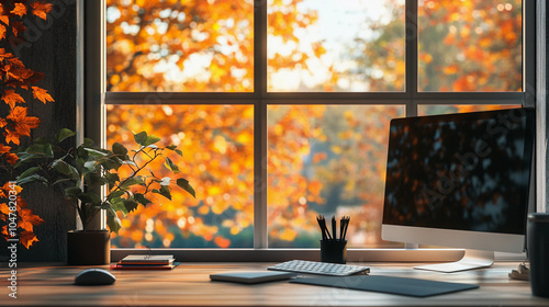 Fototapeta Naklejka Na Ścianę i Meble -  zoom background, casual office with window with a fall, autumn view
