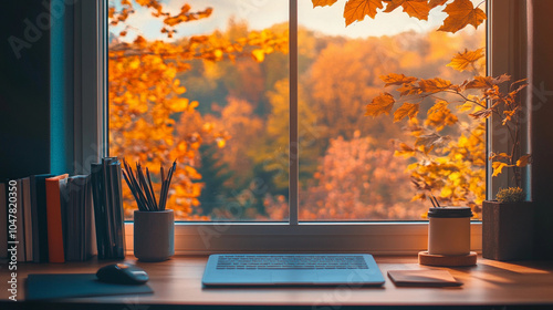 Fototapeta Naklejka Na Ścianę i Meble -  zoom background, casual office with window with a fall, autumn view.