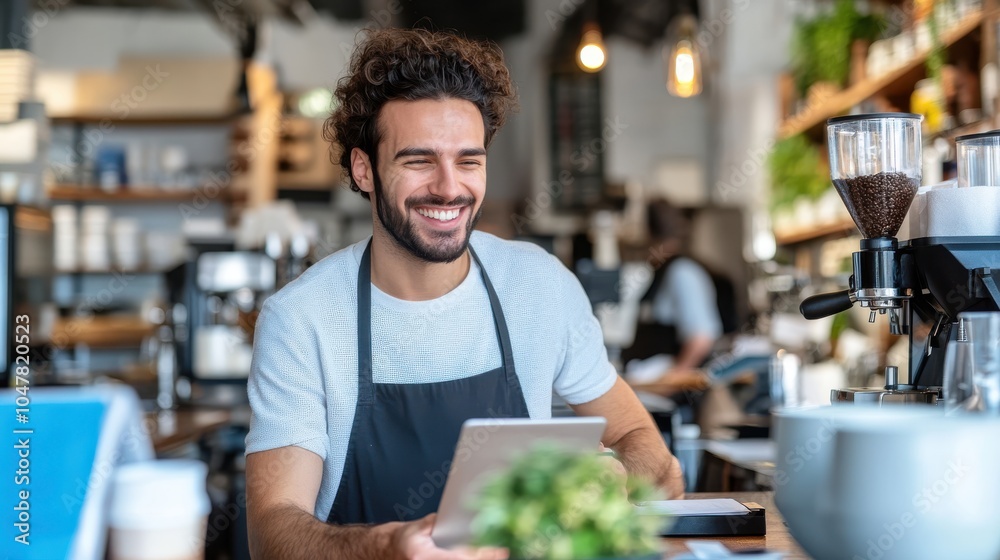 A young barista smiles while holding a tablet in a trendy coffee shop, radiating warmth and enthusiasm, embodying the vibrant spirit of modern café culture. A young barista smiles while holding a tablet in a trendy coffee shop, radiating warmth and enthusiasm, embodying the vibrant spirit of modern café culture.