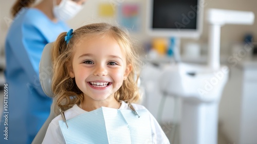 A smiling young girl sits with delight in a dental office during her checkup, with a professional dentist visible in the background, ensuring a positive experience. photo