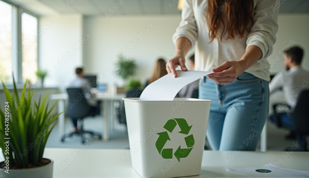 Woman placing paper in recycling bin in bright office, promoting sustainability and eco-friendly practices. Generative, AI, Woman placing paper in recycling bin in bright office, promoting sustainability and eco-friendly practices. Generative, AI,