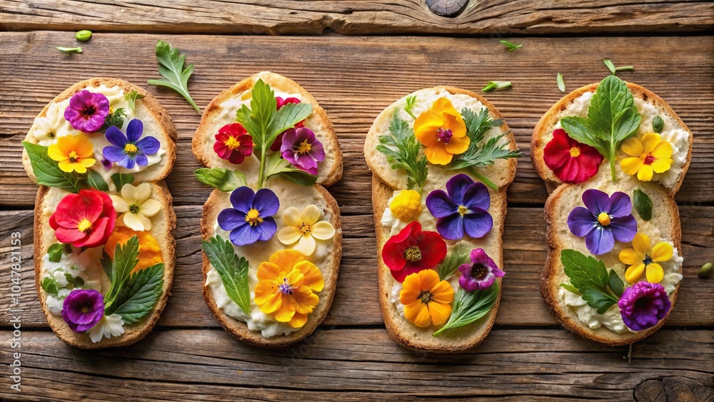 Fototapeta premium Symmetrical hummus toasts with edible flowers on wooden table