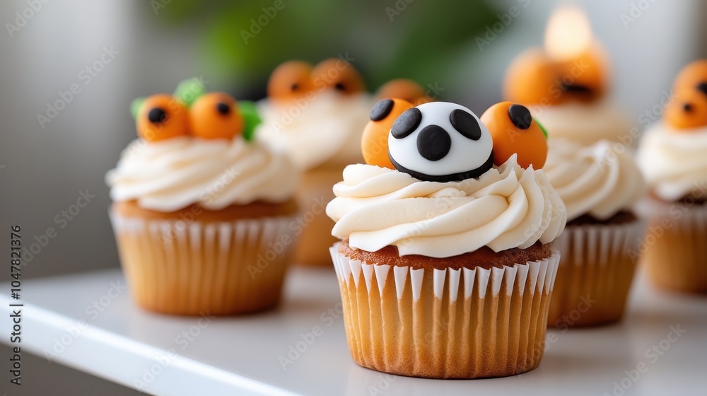 Delicious vanilla cupcakes topped with creamy frosting and decorated with adorable panda and pumpkin fondant designs for a festive Halloween treat. Delicious vanilla cupcakes topped with creamy frosting and decorated with adorable panda and pumpkin fondant designs for a festive Halloween treat.