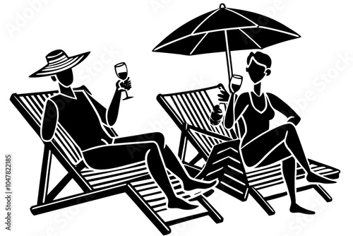 people in vacation lying on a beach chair with cocktail and umbrella