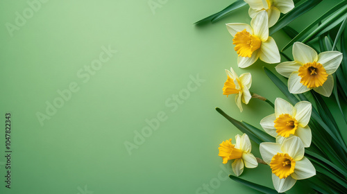 A vibrant arrangement of yellow daffodils on a soft green background, perfect for spring themes.