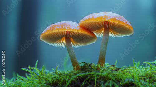 A pair of golden mushrooms grow on mossy wood, close-up