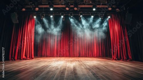 Dramatic Stage with Red Curtains and Soft Lighting