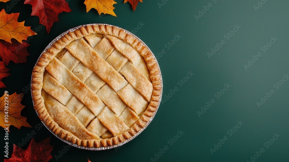 A golden-brown pie sits on a green surface, surrounded by vibrant autumn leaves, evoking the warmth of fall and festive gatherings. A golden-brown pie sits on a green surface, surrounded by vibrant autumn leaves, evoking the warmth of fall and festive gatherings.