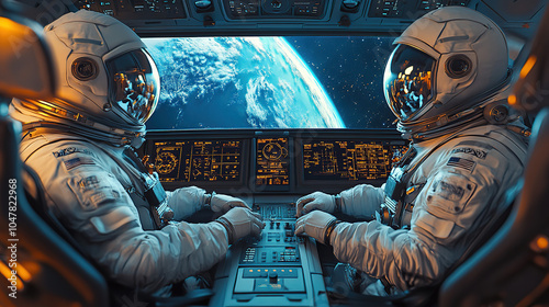 Fototapeta Naklejka Na Ścianę i Meble -  Two astronauts in space suits sit at the control panel of their spaceship