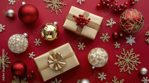 Festive Holiday Decorations on Red Background