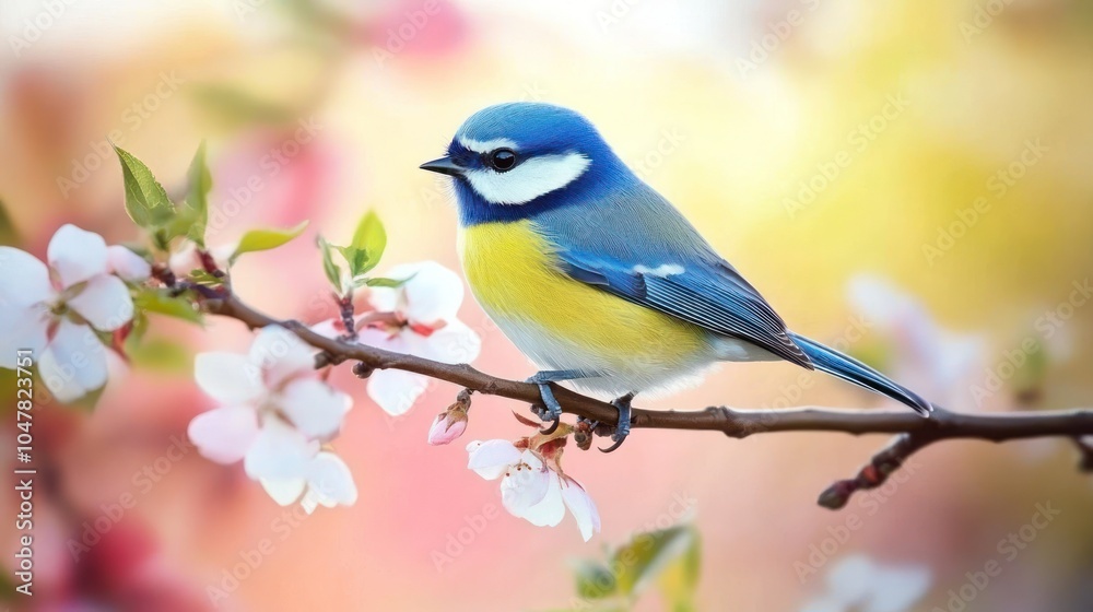 Eurasian Blue Tit Perched on Blossoming Branch Eurasian Blue Tit Perched on Blossoming Branch
