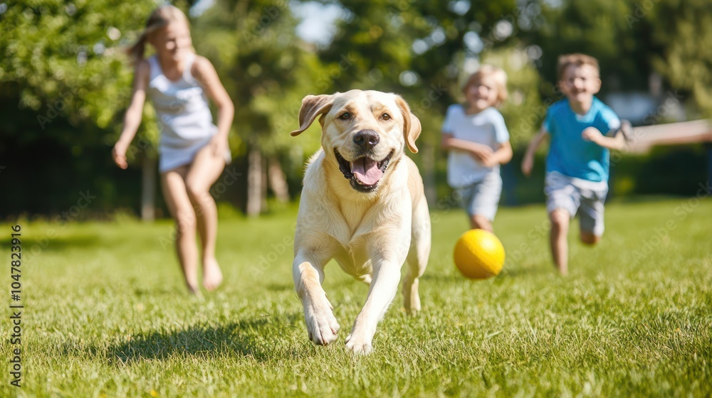 Family Enjoying Playtime with Their Labrador Family Enjoying Playtime with Their Labrador