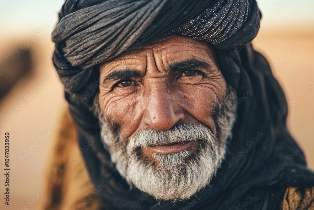 An elderly Arabic nomad in a turban stands against a desert landscape with a camel, embodying tradition and resilience An elderly Arabic nomad in a turban stands against a desert landscape with a camel, embodying tradition and resilience